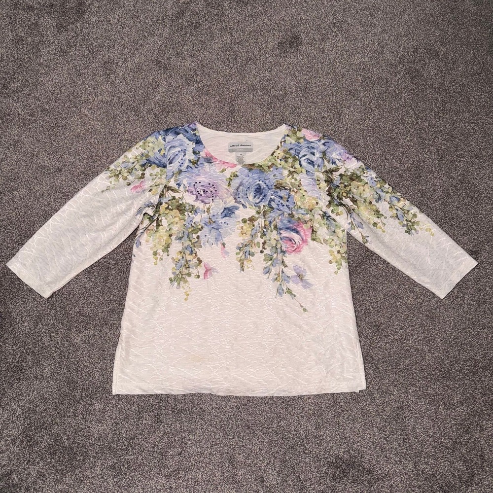 Alfred Dunner 3/4 Sleeve White Blouse w/ Textured Floral Print & Rhinestone - PS